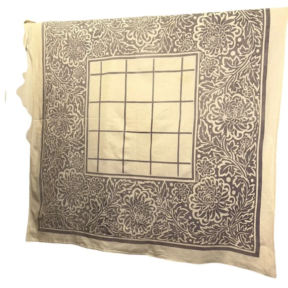 Vintage pale plum white block print painted linen square table cloth 47x48